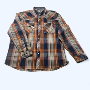 Dark Plaid Long Sleeve Pearl Snap Button Down Shirt Men’s XXL